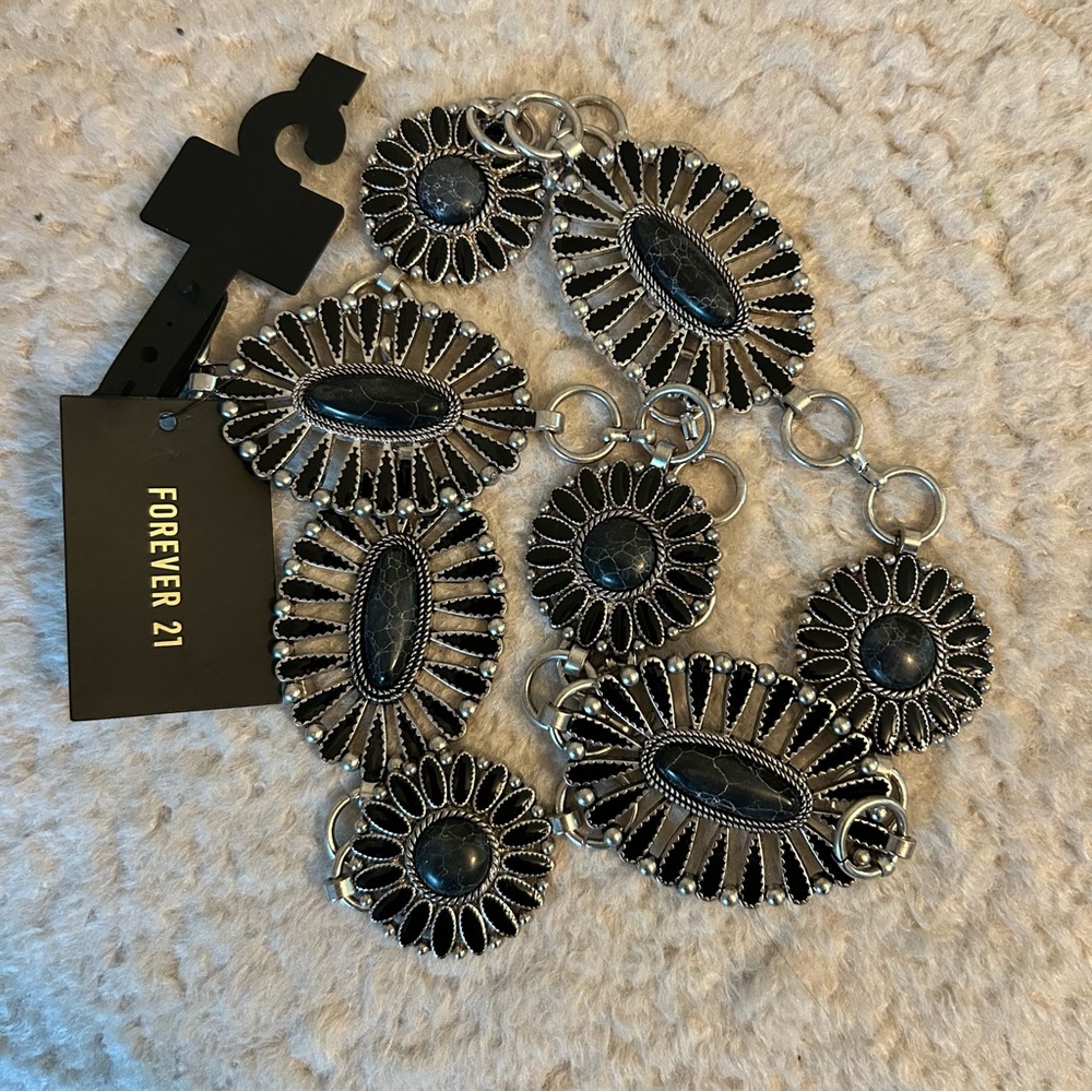 Forever 21 Boot Barn Black Stone Silver Chain Belt Concho Western Boho Belt